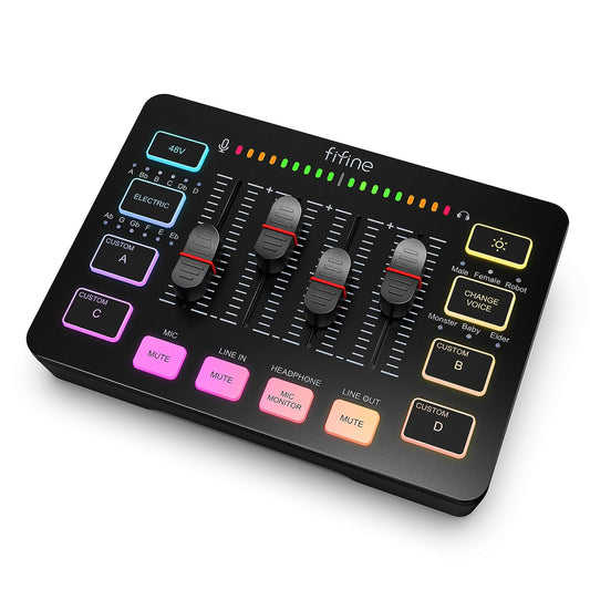 FIFINE Gaming Audio Mixer, Streaming RGB PC Mixer with XLR Microphone Interface, Individual Control, Volume Fader, Mute