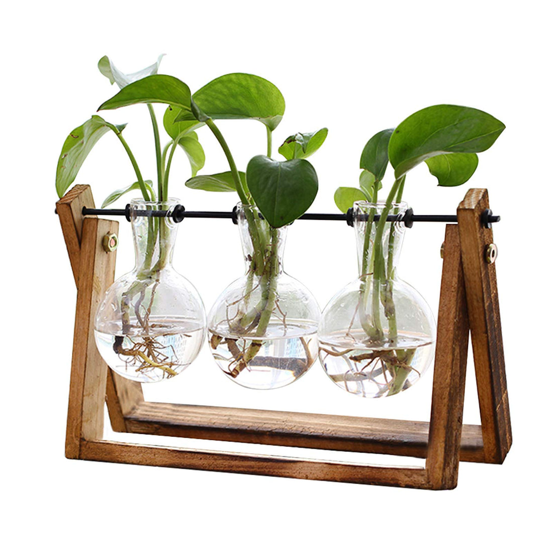 XXXFLOWER Plant Terrarium with Wooden Stand, Air Planter Bulb Glass Vase Metal Swivel Holder Retro Tabletop for Hydroponics Home Garden Office Decoration - 3 Bulb Vase - PCTechSupply.com