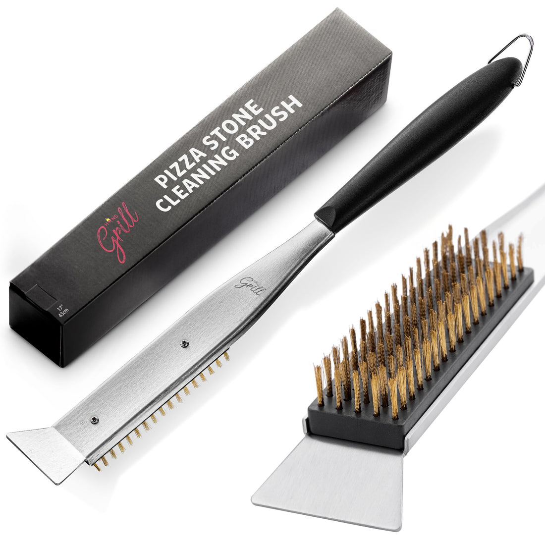 Hans Grill Cleaning Brush and Scraper for Pizza Stone/Oven | 17” 2-in-1 Tool with Non Scratch Heat Proof Brass Bristles and