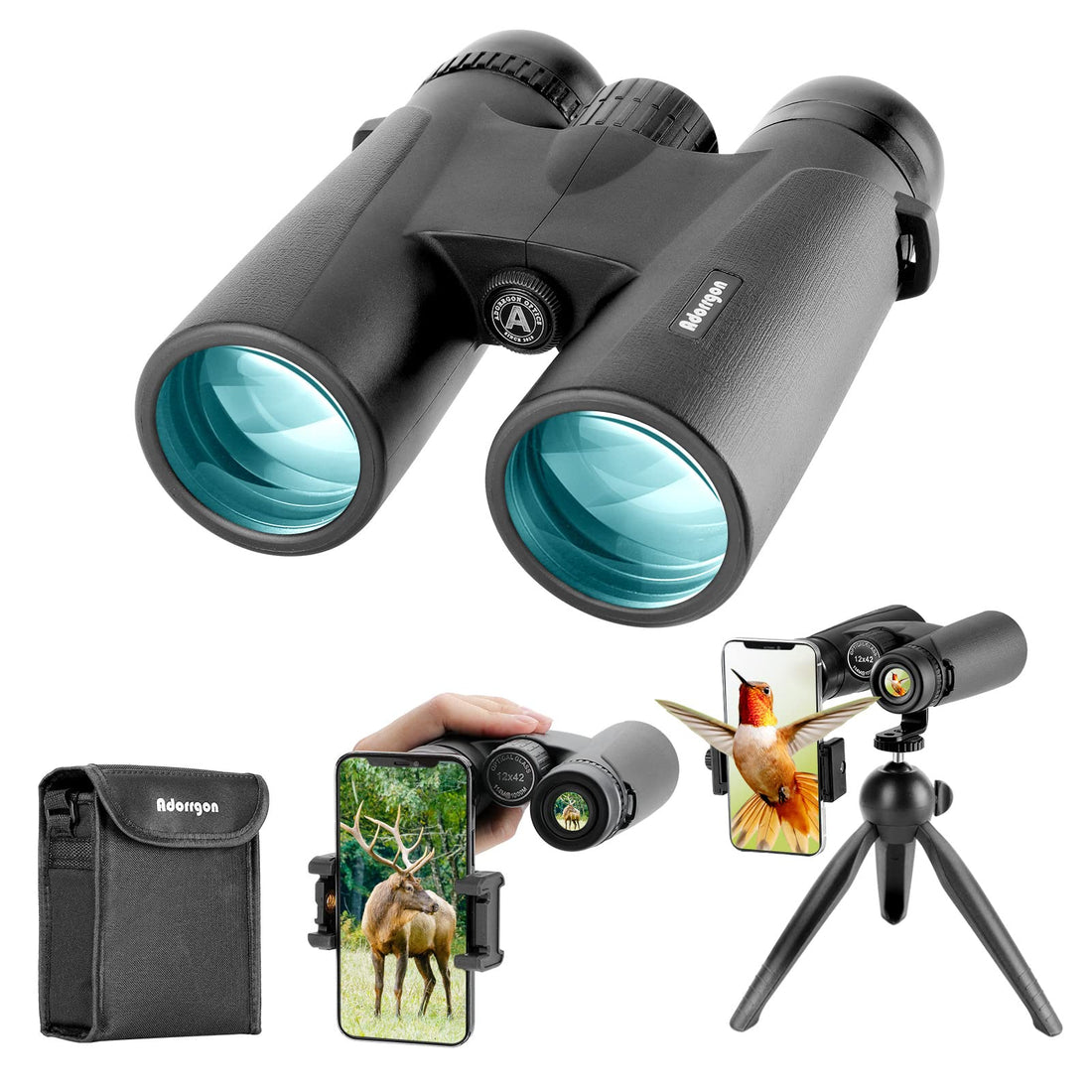 Adorrgon 12x42 HD Binoculars for Adults High Powered with Phone Adapter, Tripod and Tripod Adapter - Large View Binoculars with Clear Low Light Vision - Binoculars for Bird Watching Cruise Travel - PCTechSupply.com