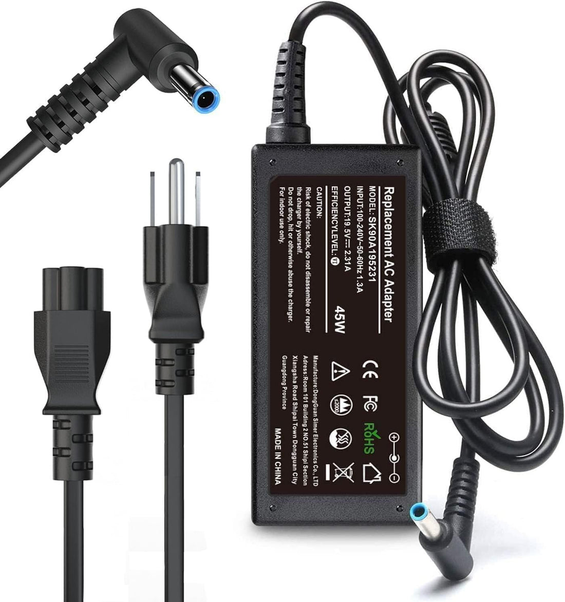 45W 19.5V 2.31A for HP Laptop Charger Blue Tip,HP Pavilion x360 11 13 15, Zbook 14u G4 G5 15u 15 G3, Notebook 15,HP Stream 13 11 14 AC Adapter with Power Cord - PCTechSupply.com
