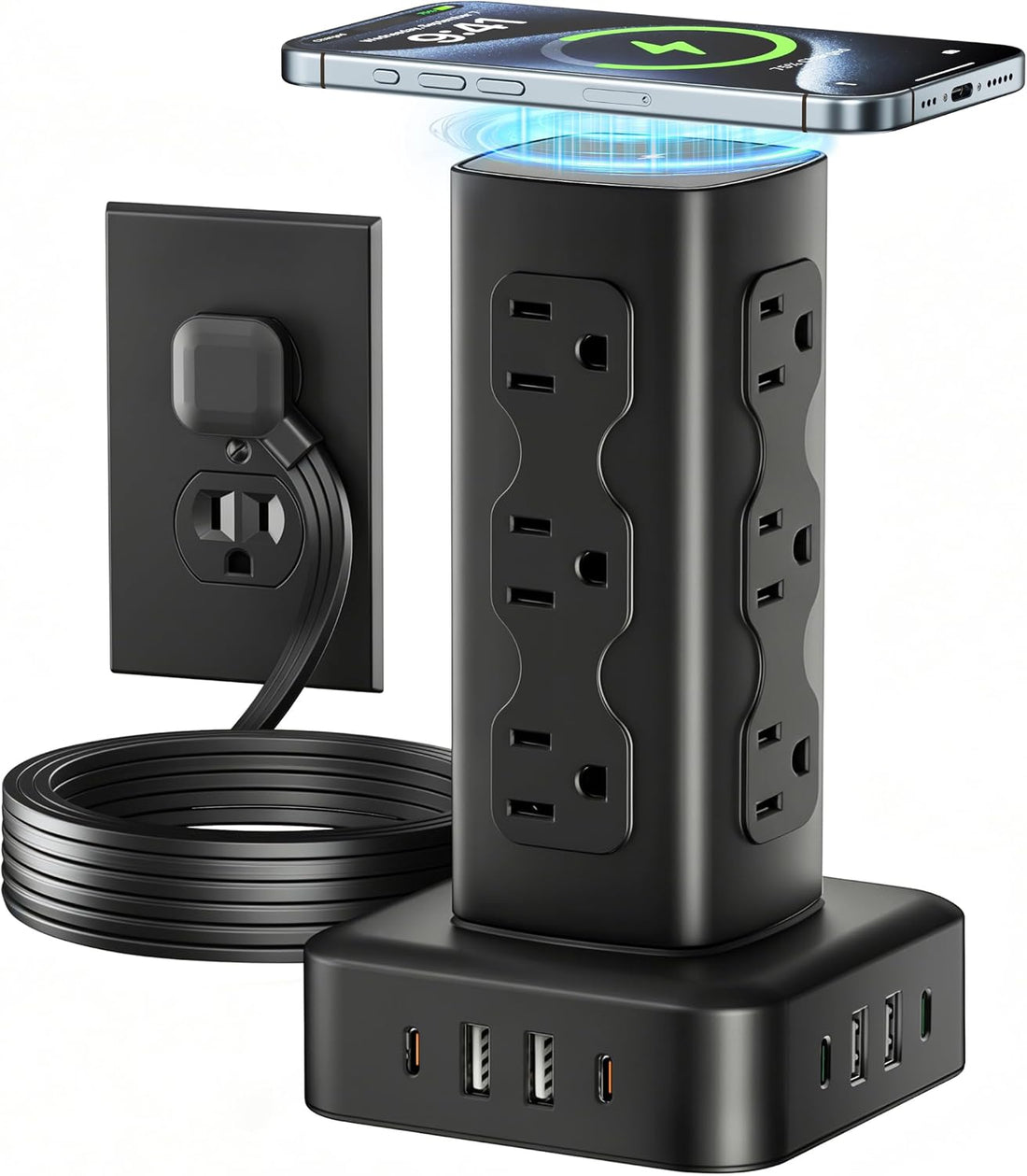 PD65W Power Strip Tower with 12 AC Outlets & 8 USB Ports(4 USB C), 6FT Cord