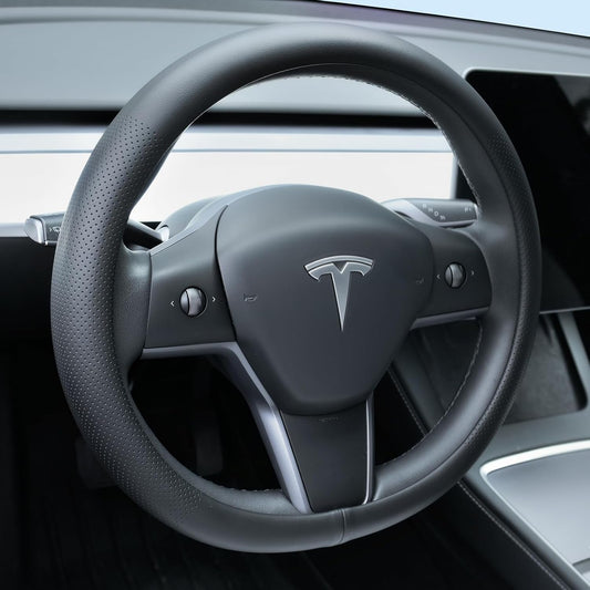 Uxcer Nappa Leather Steering Wheel Cover Compatible with Tesla Model 3/Y 2016-2025 2026 Juniper/Highland, Non-Slip Breathable Model 3/Y Steering Wheel Protector, Black