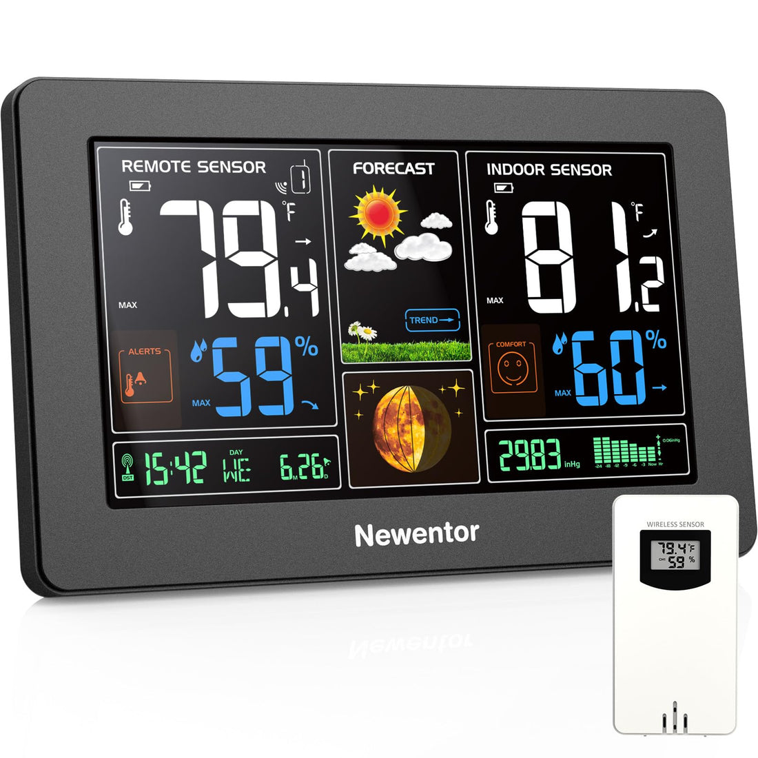 Newentor Weather Station Wireless Indoor Outdoor Thermometer, Color Display Digital Weather Thermometer with Atomic Clock,