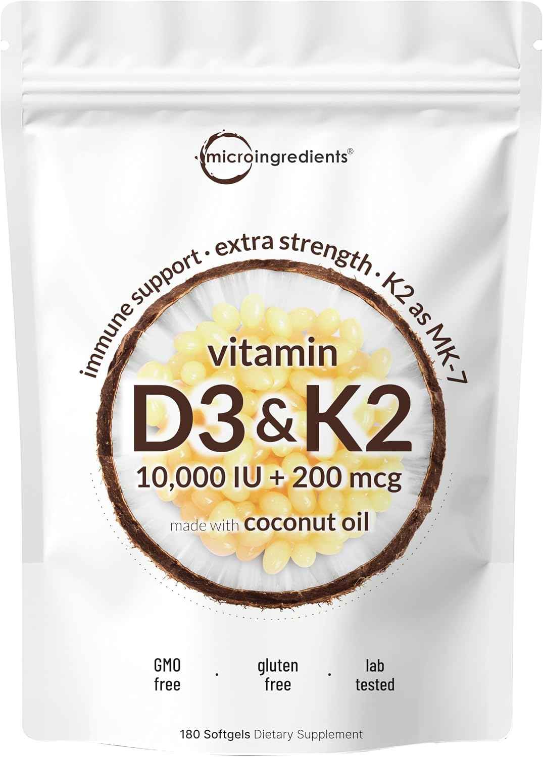 Micro Ingredients Vitamin D3 K2 MK-7 10,000 IU Per Serving, 180 Softgels