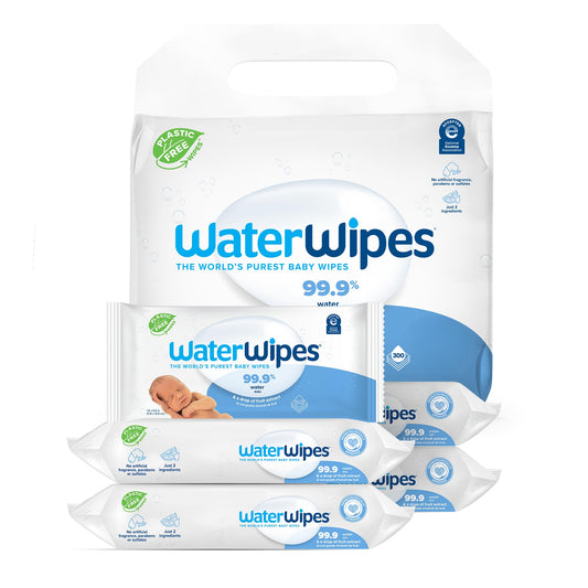 WaterWipes Plastic-Free Original Baby Wipes, 99.9% Water Based Wipes, Unscented & Hypoallergenic for Sensitive Skin, 300