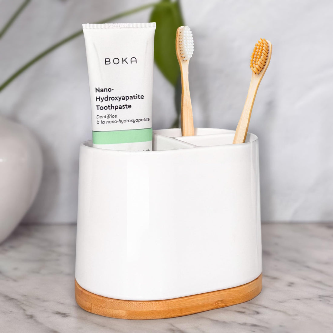 DAILY RITMO® Large Toothbrush Holder for Bathrooms with Bamboo Base | Modern 3 Slots Compartment White Ceramic Marble Like
