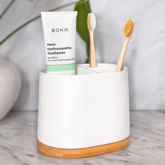 DAILY RITMO® Large Toothbrush Holder for Bathrooms with Bamboo Base | Modern 3 Slots Compartment White Ceramic Marble Like