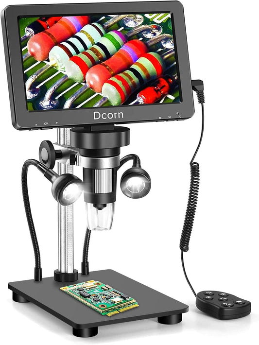 Dcorn 7'' Digital Microscope 1200X, 12MP 1080P Photo/Video Microscope for Adults Soldering Coins,Metal Stand,Wired Remote,10