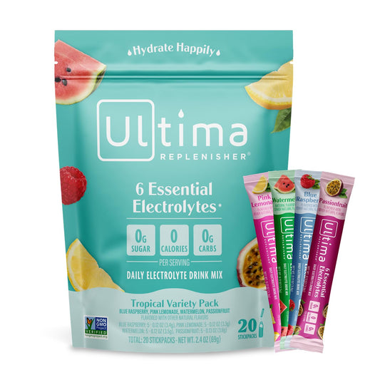 Ultima Replenisher Daily Electrolyte Drink Mix – Tropical Variety, 20 Stickpacks – Hydration Packets with 6 Electrolytes &
