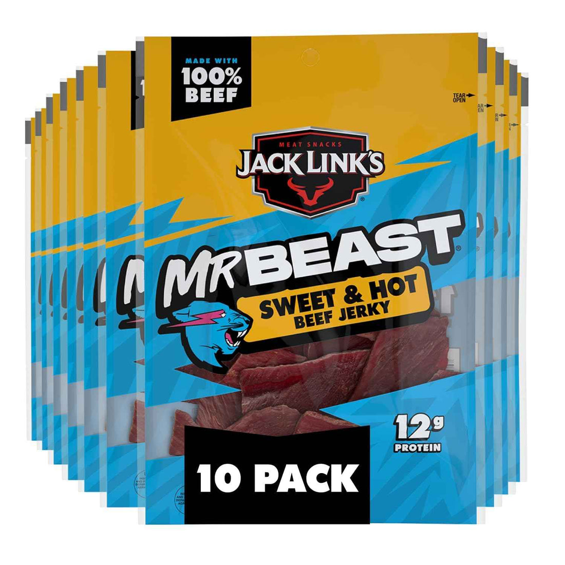 Jack Link's MrBeast Sweet & Hot Beef Jerky - (10 Pack) 1.25 oz | Bag - Ready to Eat Protein Snacks - 12g Protein per Serving - Made with 100% Real Beef