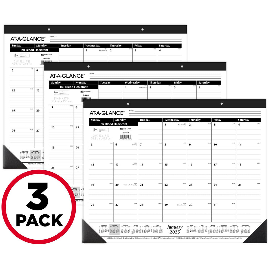 AT-A-GLANCE 2025 Desk Calendar, Desk Pad, Monthly, 21-3/4" x 17", Large, Ruled Blocks, 3 Pack (AZSK240025) Office Product by