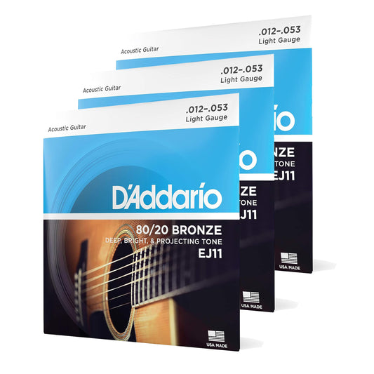 D'Addario 80/20 Bronze-for 6 Deep, Bright, Projecting Tone-EJ11-3D-Light, 12-53-3-Pack Acoustic Guitar Strings (EJ11-3D) - PCTechSupply.com