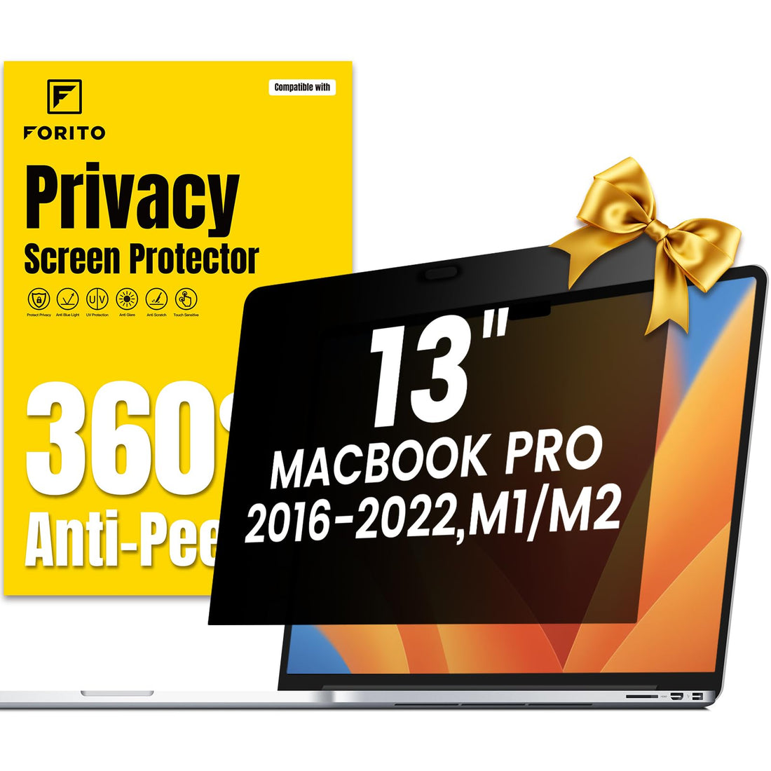 F FORITO 360° Privacy Screen Protector Compatible with MacBook Pro 13 inch (2016, 2017, 2018, 2019, 2020, 2021, 2022, M1,