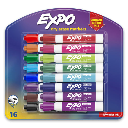 Expo Low Odor Dry Erase Markers, Assorted Colors, Chisel Tip - Pack of 16 - PCTechSupply.com