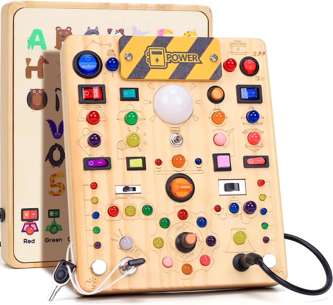 Busy Board with LED Light Switches, Montessori Toys for 1 2 3 Years Old, Toddlers Wooden Toy Sensory Activity Board, Travel Toys for 1+ Year Old Boy & Girl Birthday Gift (19 Switches)