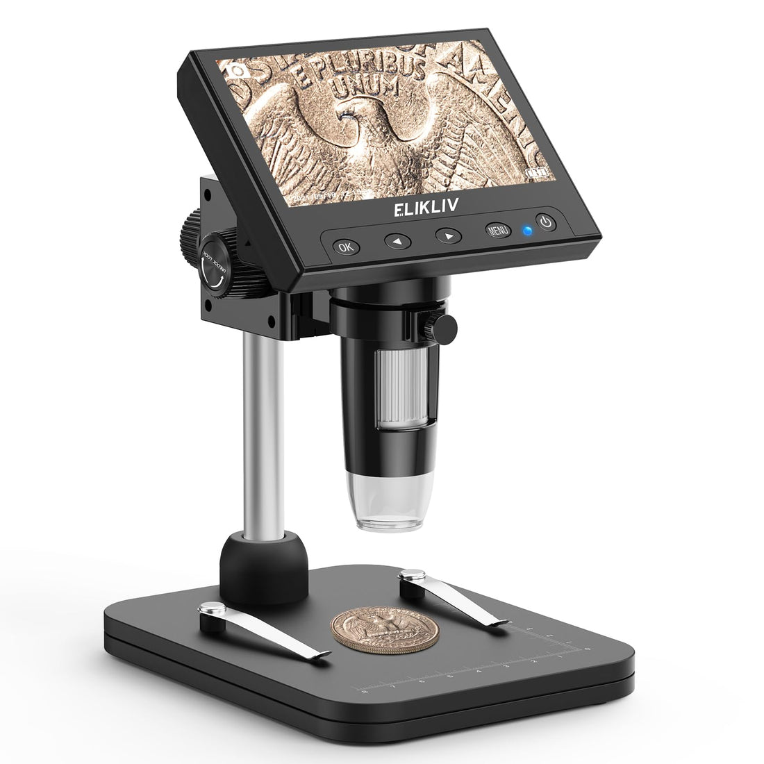 Elikliv Coin Microscope, 4.3'' LCD Digital Microscope 1000x, Coin Magnifier with 8 Adjustable LED Lights, PC View Compatible