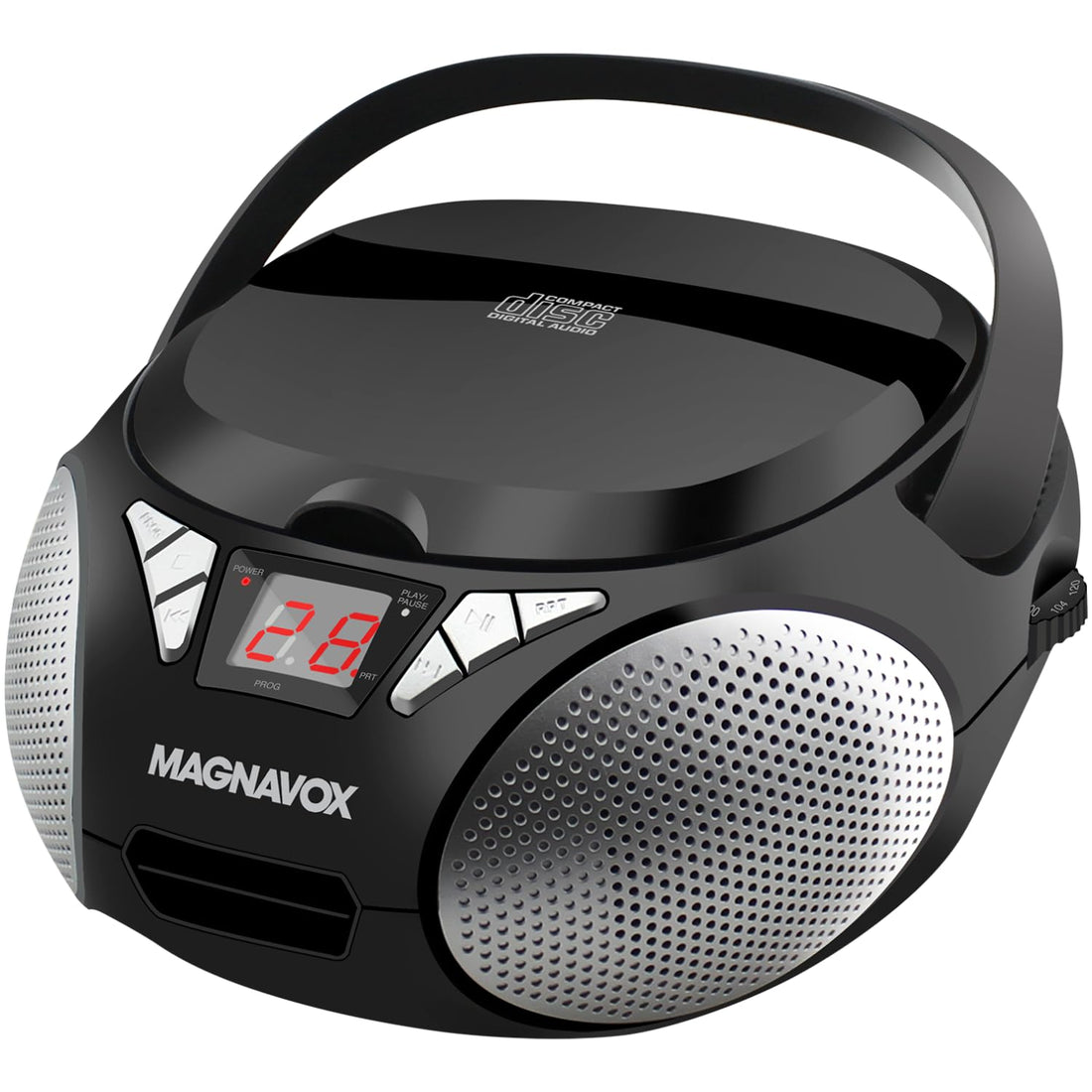Magnavox MD6924 Portable Top Loading CD Boombox with AM/FM Stereo Radio in Black | CD-R/CD-RW Compatible | LED Display | AUX Port Supported | Programmable CD Player | - PCTechSupply.com
