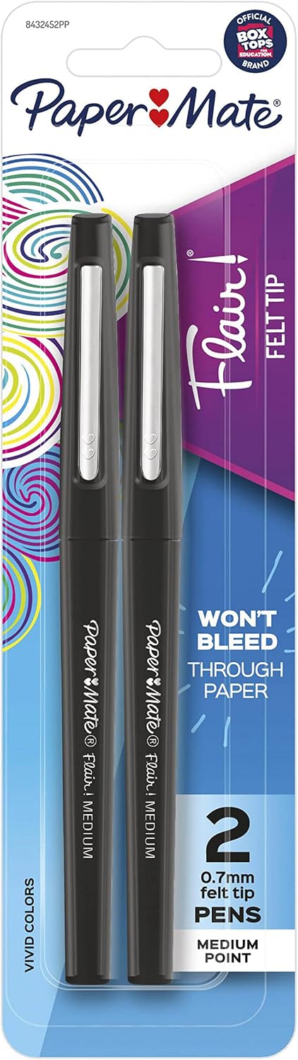 Paper Mate Flair Felt Tip Pens, Medium Point (0.7mm), Black, 2 Count