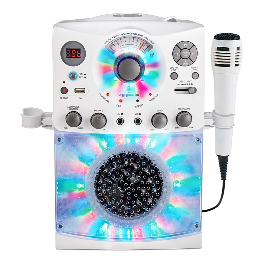 Singing Machine Portable Karaoke Machine for Adults & Kids with Wired Microphone, White - Built-In Speaker, Bluetooth with LED Disco Lights - Karaoke System with CD+G Player & USB Connectivity - PCTechSupply.com