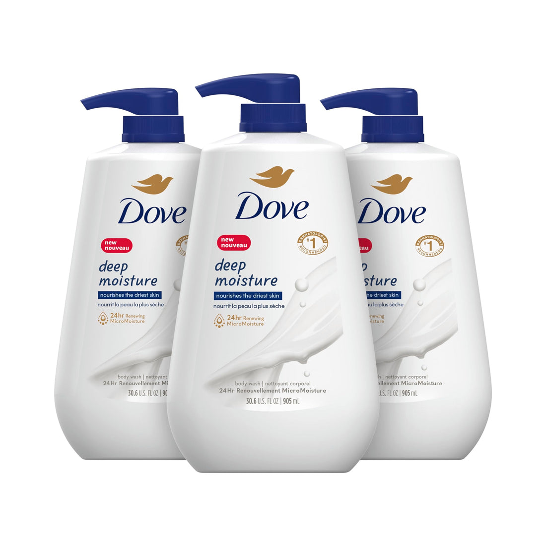 Dove Deep Moisture Body Wash 30.6 Fl Oz Pack of 3 with Pump, Luxurious Hydration for Dry Skin, Cleanser with 24hr Renewing