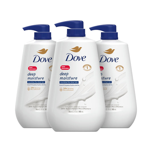 Dove Deep Moisture Body Wash 30.6 Fl Oz Pack of 3 with Pump, Luxurious Hydration for Dry Skin, Cleanser with 24hr Renewing