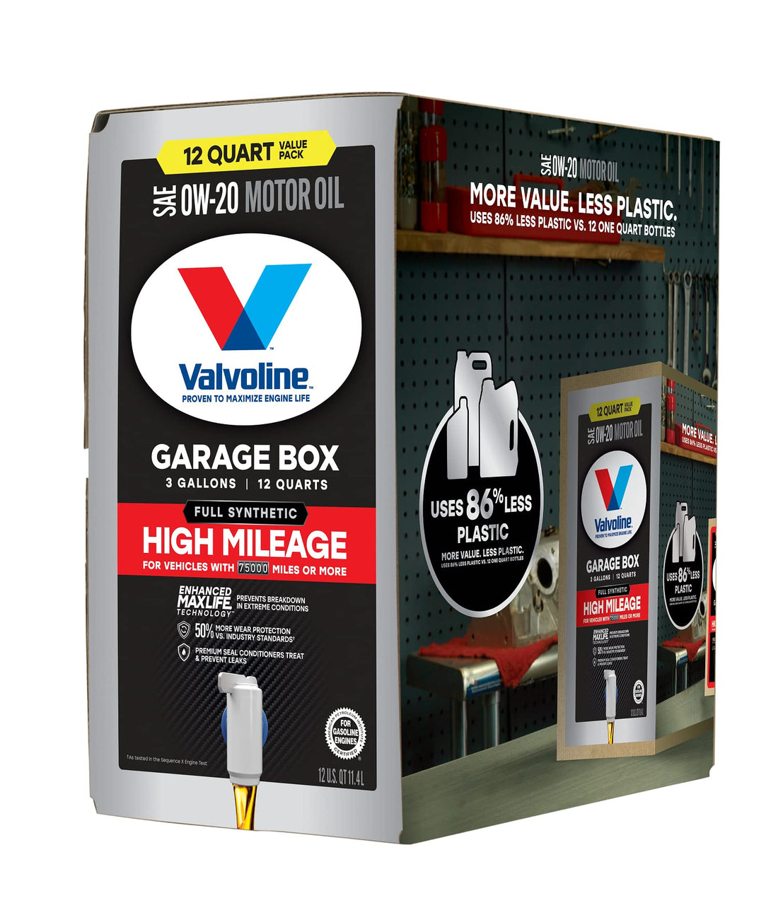 Valvoline Full Synthetic High Mileage with Enhanced MaxLife Technology 0W-20 12 QT Garage Box Automotive Parts and