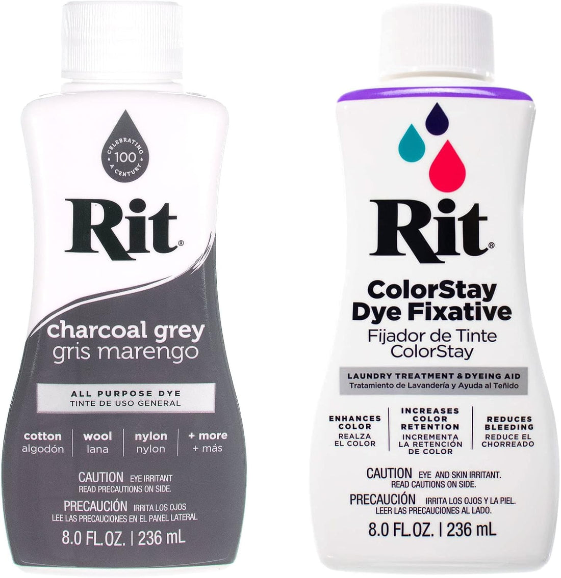 Rit Dye – 8 Oz. Liquid Fabric Dye for Clothing, Décor, and Crafts – Charcoal Grey with Color Fixative
