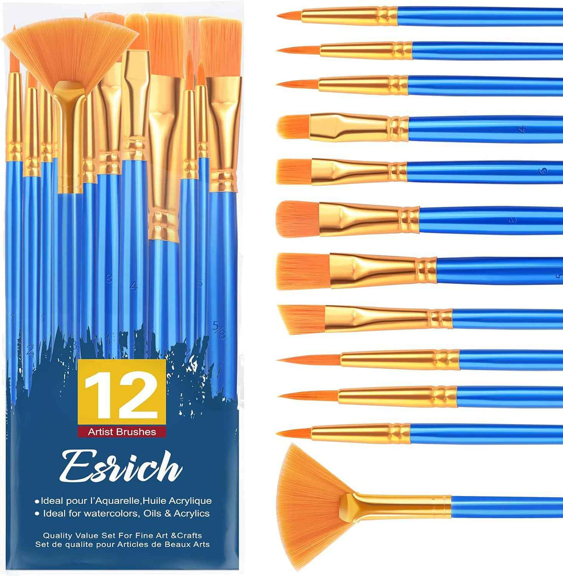 ESRICH Paint Brushes Set,1pack/12pcs Nylon Hair Round-Pointed Tip Acrylic Paint Brushes for Watercolor Oil Rock Face Painting,12 Sizes Paint Brush for All Purposes Kids Adult Arts Painting Brush Kits