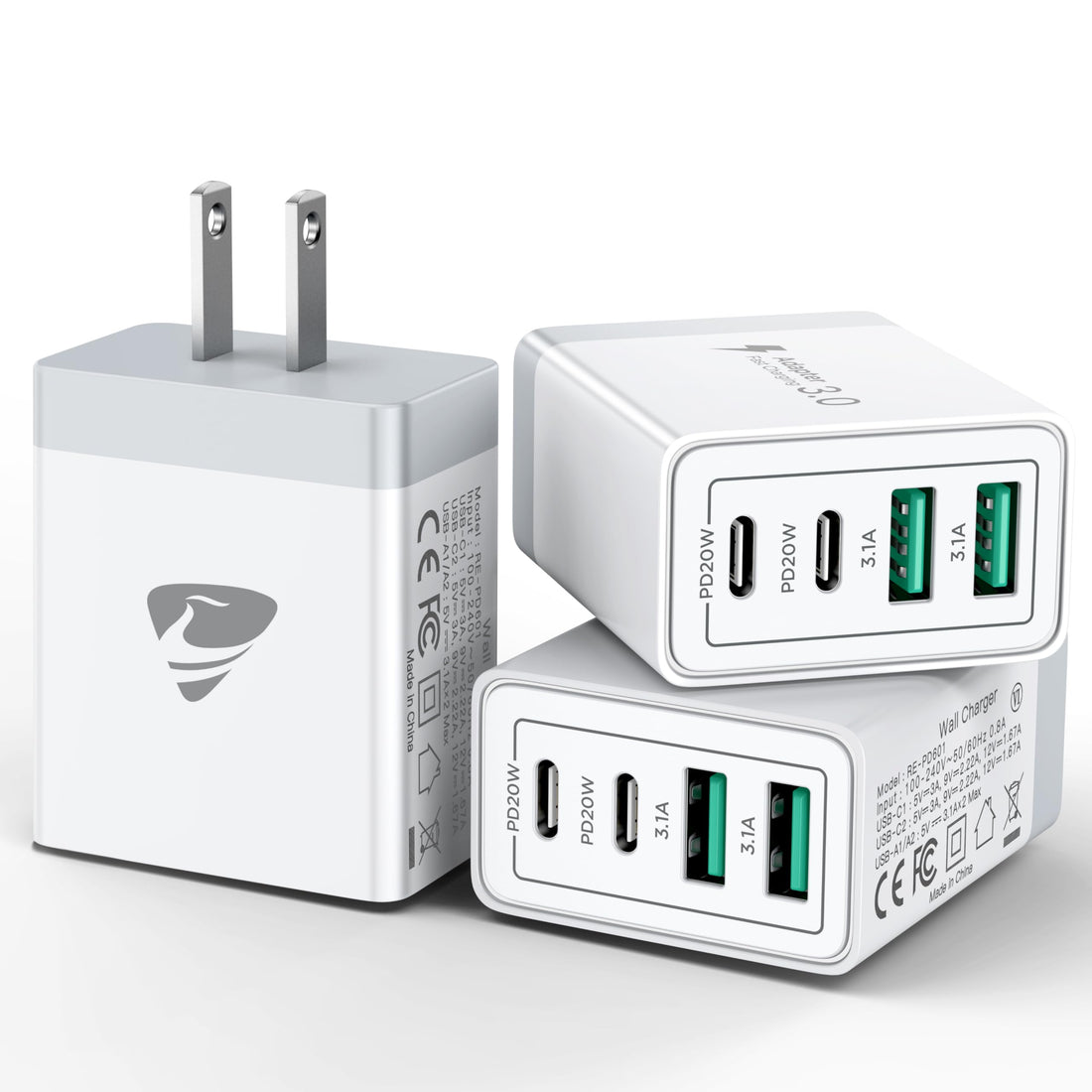 USB C Wall Charger Block 3-Pack, Aiminu 40W 4-Port PD Power Delivery Fast Type C Charging Block Plug Adapter for iPhone 15