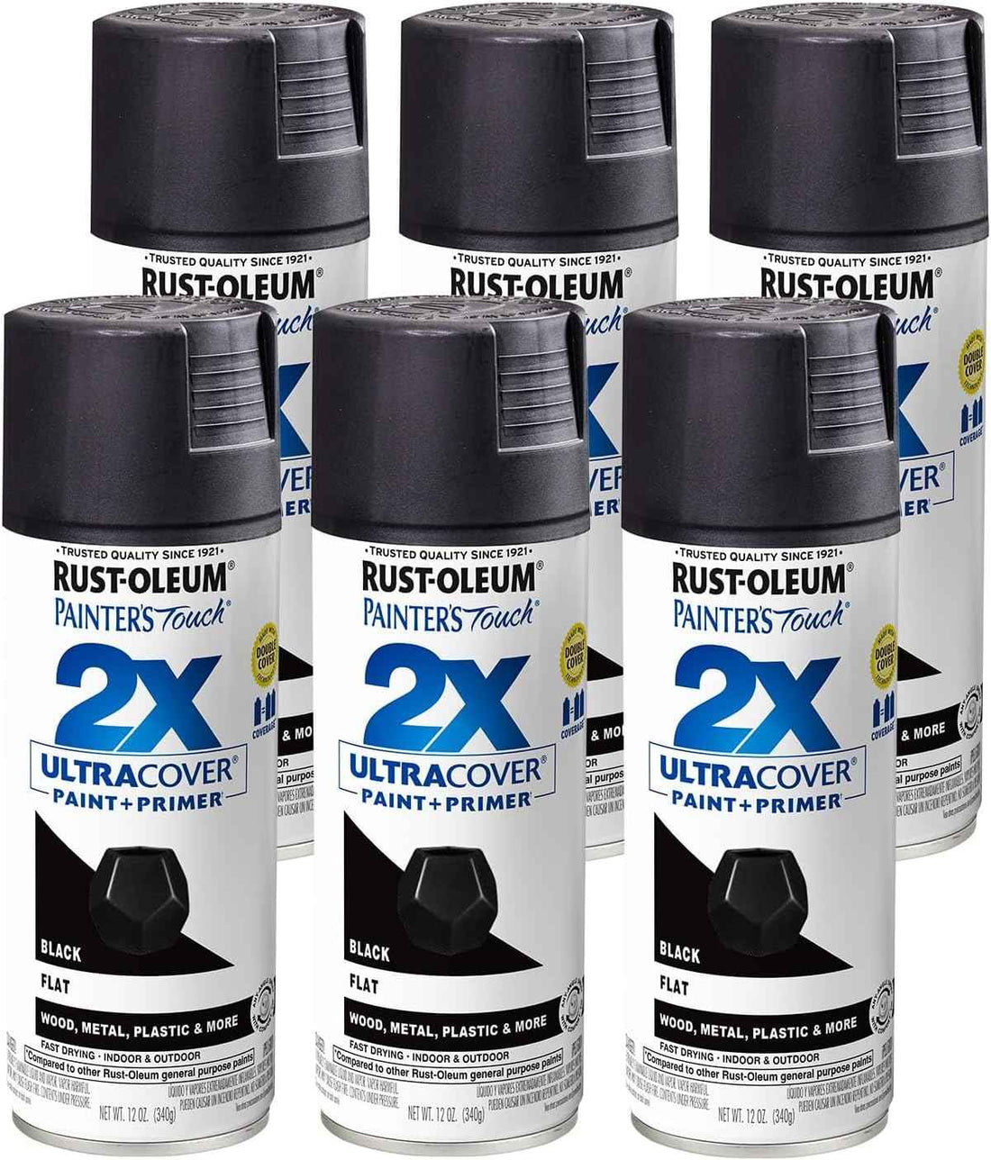 Rust-Oleum 334020-6PK Painter's Touch 2X Ultra Cover Spray Paint, 12 oz, Flat Black, 6 Pack