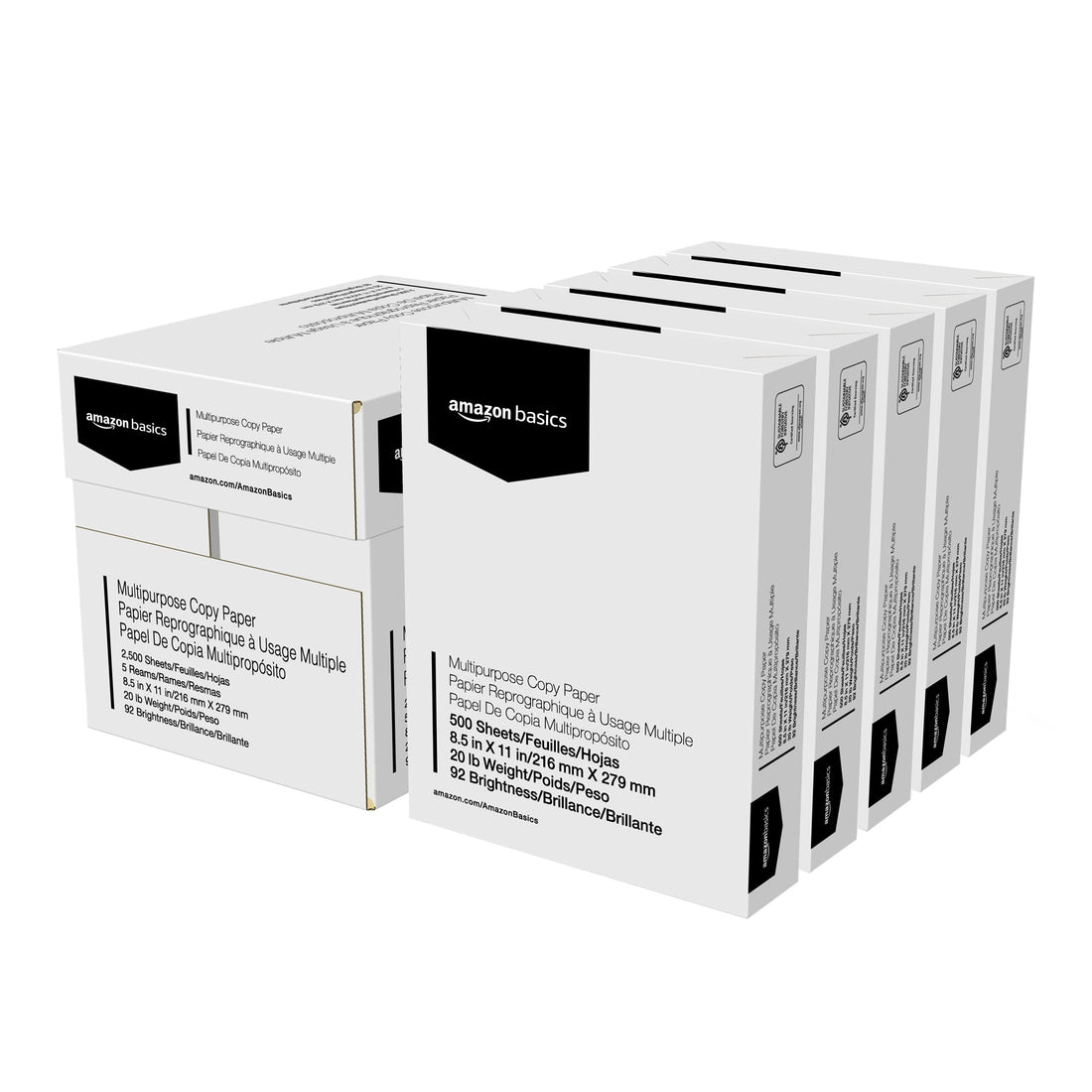 Amazon Basics Multipurpose Copy Printer Paper, 8.5" x 11", 20 lb, 5 Reams, 2500 Sheets, 92 Bright, White - PCTechSupply.com