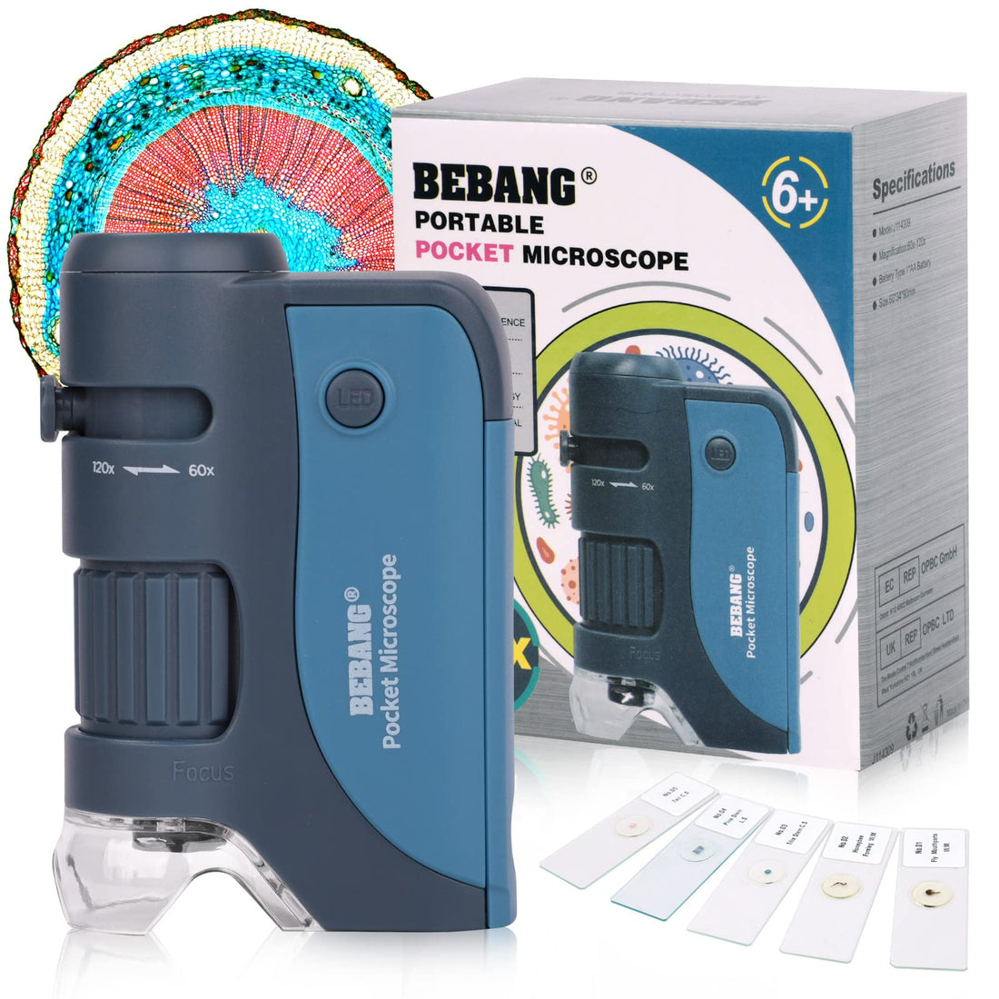 Pocket Microscope, 60x-120x Handheld Mini Microscope Kids with LED Lights, 5 Slides Specimens, BEBANG Portable Microscope