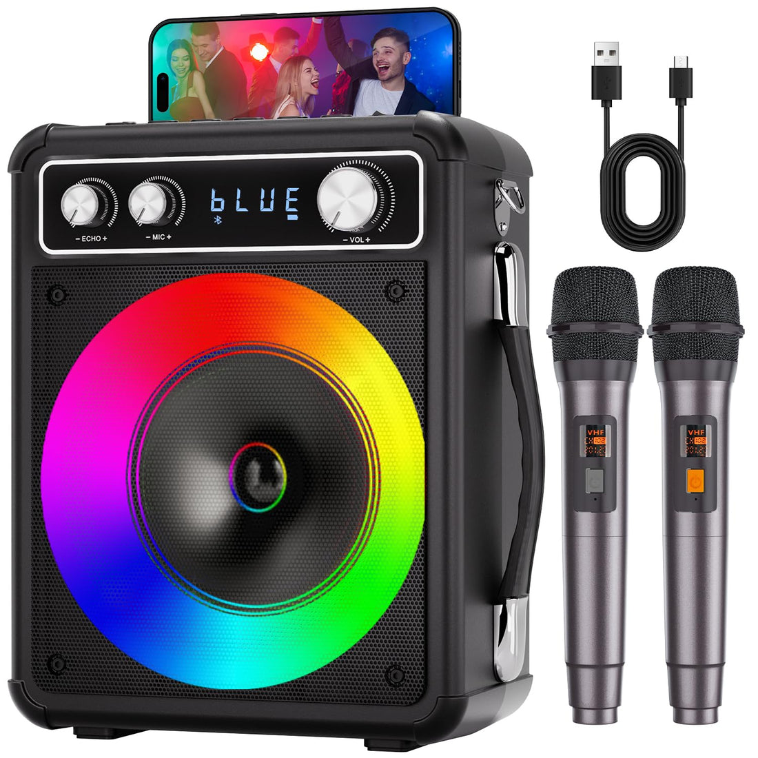 VOSOCO Karaoke Machine, Portable Bluetooth Karaoke Speaker with 2 Wireless Microphones, PA System for Adults Kids with LED