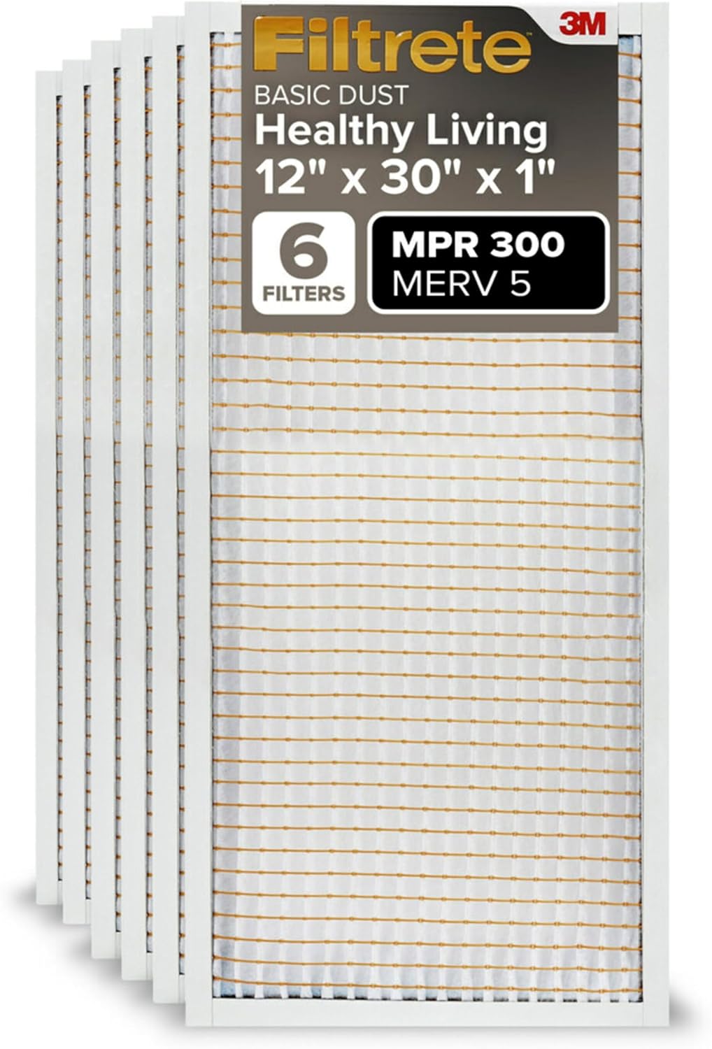 Filtrete 12x30x1 Air Filter MERV 5, 6-Pack AC Furnace Filters for Home HVAC, MPR 300 Basic Dust Defense, Removes Lint & Household Dust, 3-Month Pleated Electrostatic (Actual Size 11.81x29.81x0.81 in)