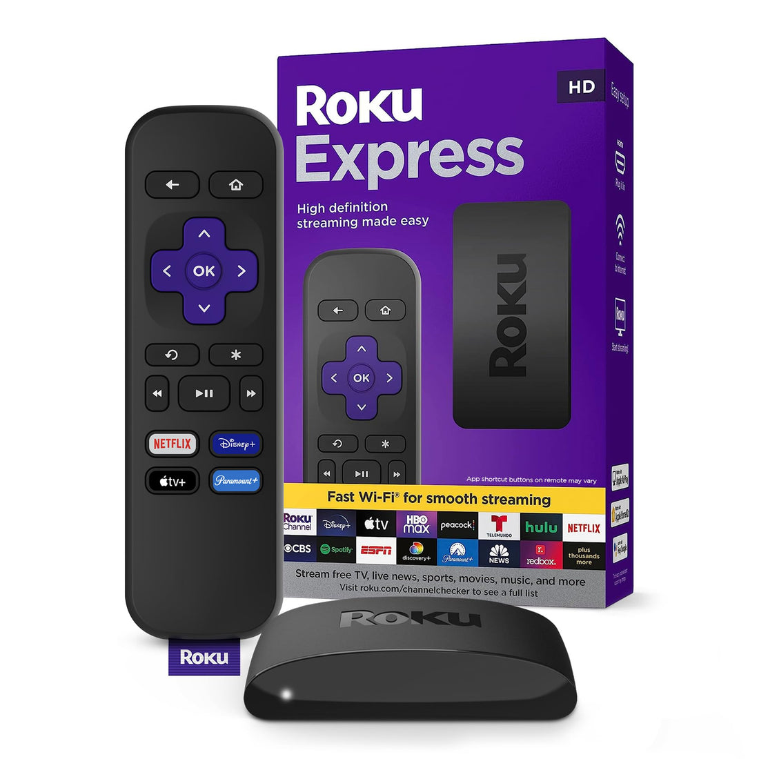 Roku Express | HD Roku Streaming Device with Standard Remote (no TV controls), Free & Live TV Home Entertainment by Roku