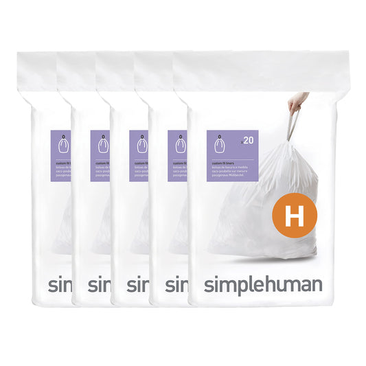 simplehuman Code H 100 Count,Genuine Custom Fit Liners, Drawstring Trash Bags in Dispenser Packs, 30-35 Liter / 8-9 Gallon,