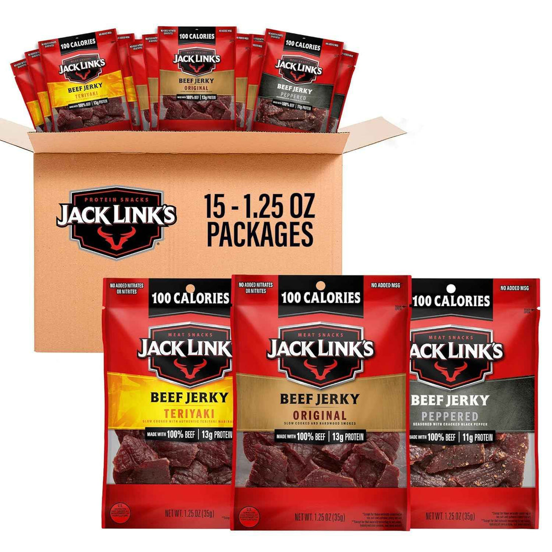 Jack Link's Beef Jerky Variety Pack - Original, Teriyaki & Peppered - (15 Pack) 1.25 oz Bags - Ready to Eat Real Meat Protein Snacks - Made with 100% Real Beef