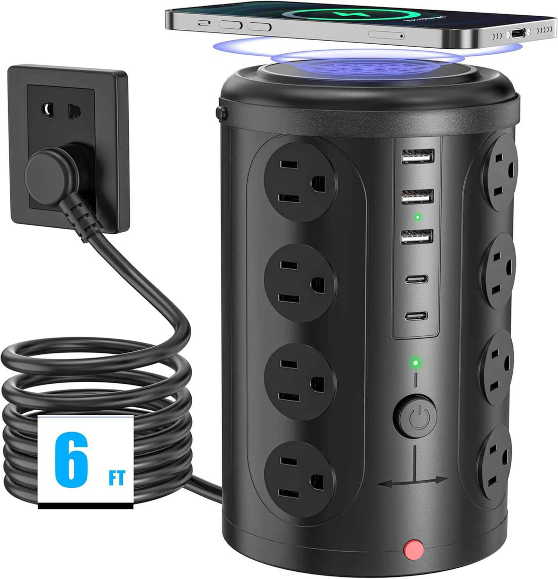 6FT Power Strip Tower Surge Protector with 15W Wireless Charger