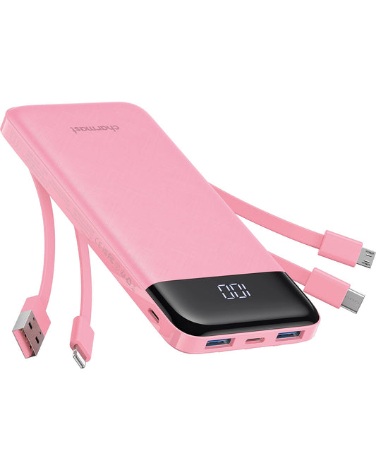 Portable Charger with Built in Cables, Portable Charger with Cords Wires Slim 10000mAh Travel Essentials Battery Pack 6