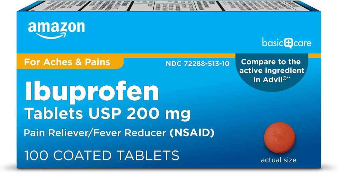 Amazon Basic Care Ibuprofen Tablets 200 mg, Pain Reliever/Fever Reducer, NSAID for Backache, Menstrual Pain, Arthritis, 100 Count (Packaging may vary)