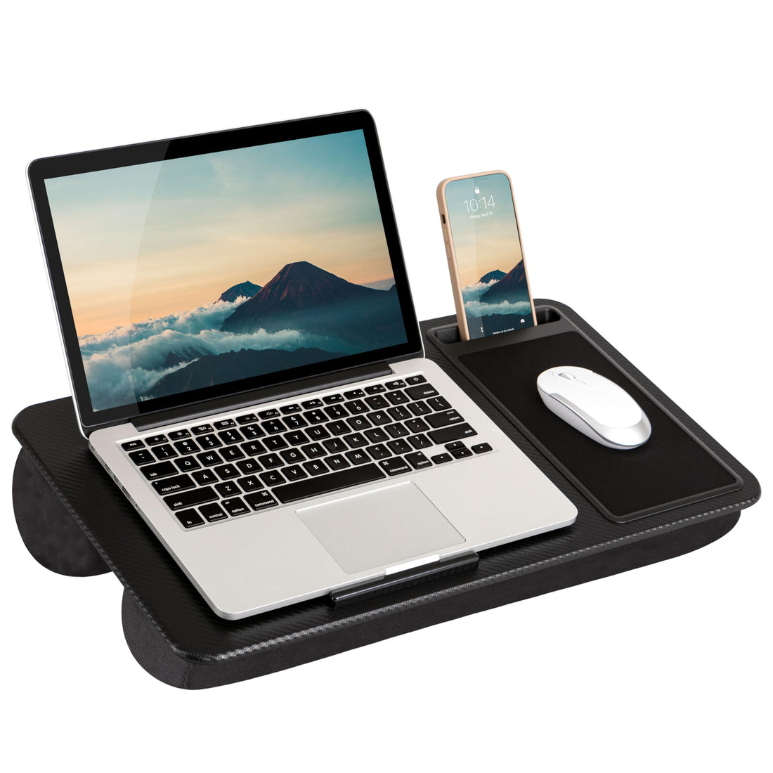 LAPGEAR Home Office Lap Desk with Device Ledge, Mouse Pad, and Phone Holder - Black Carbon - Fits up to 15.6 Inch Laptops -