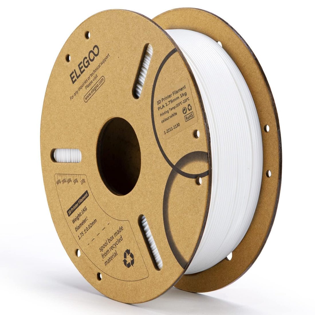 ELEGOO PLA Filament 1.75mm White 1KG, 3D Printer Filament Dimensional Accuracy +/- 0.02mm, 1kg Cardboard Spool(2.2lbs) 3D