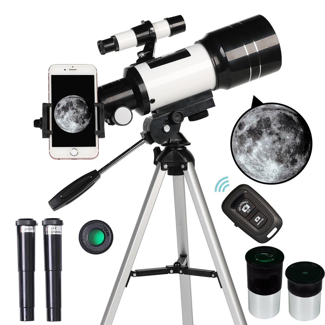 Telescope for Adults & Kids, 70mm Aperture Refractor (15X-150X) Portable Travel Telescope with Phone Adapter & Wireless
