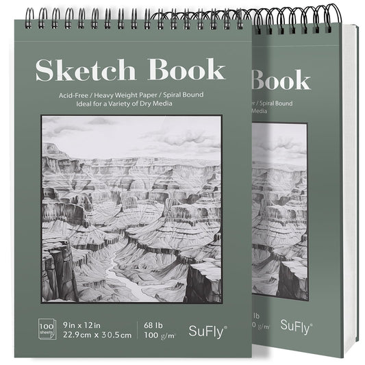 SuFly 9"x12" Drawing Paper, Pack of 2, 100 Sheets Each, Top Spiral Sketch Pad, 68lb/100gsm, White. Home by SuFly