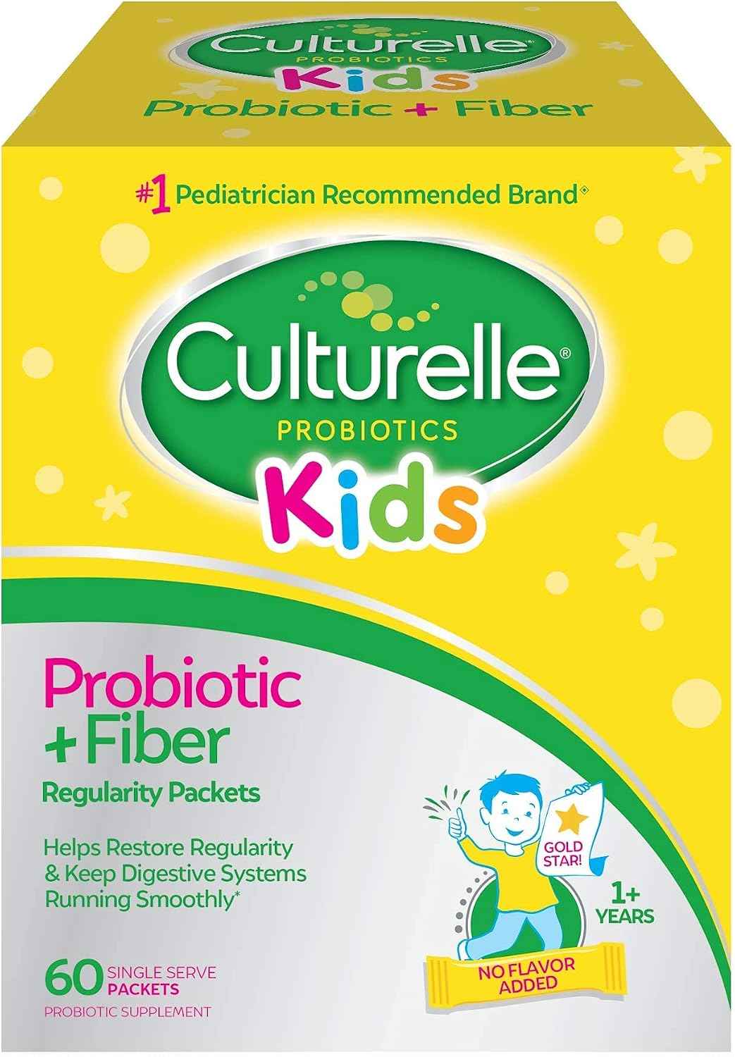 Culturelle Kids Probiotic + Fiber Packets, Ages 1+, Unflavored, 60 Count | From the #1 Pediatrician-Recommended Brand± Digestive Health & Immune Support*, Helps Restore Regularity* Children & Toddlers