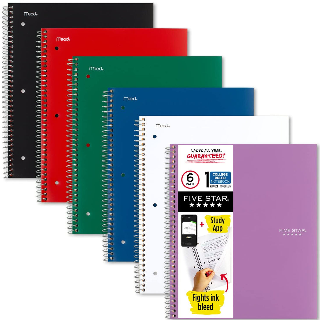 Five Star Spiral Notebook + Study App, 6 Pack, 1 Subject, College Ruled Paper, 8-1/2" x 11", 100 Sheets, Fights Ink Bleed, Water Resistant Cover, Black, Red, Blue, Green, White, Purple (38052) - PCTechSupply.com