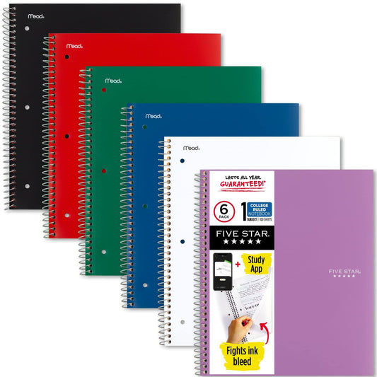 Five Star Spiral Notebook + Study App, 6 Pack, 1 Subject, College Ruled Paper, 8-1/2" x 11", 100 Sheets, Fights Ink Bleed, Water Resistant Cover, Black, Red, Blue, Green, White, Purple (38052) - PCTechSupply.com