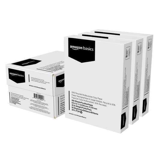 Amazon Basics 30% Recycled Multipurpose Copy Printer Paper, 8.5" x 11", 3 Reams, 1500 Count (Sheets), White - PCTechSupply.com
