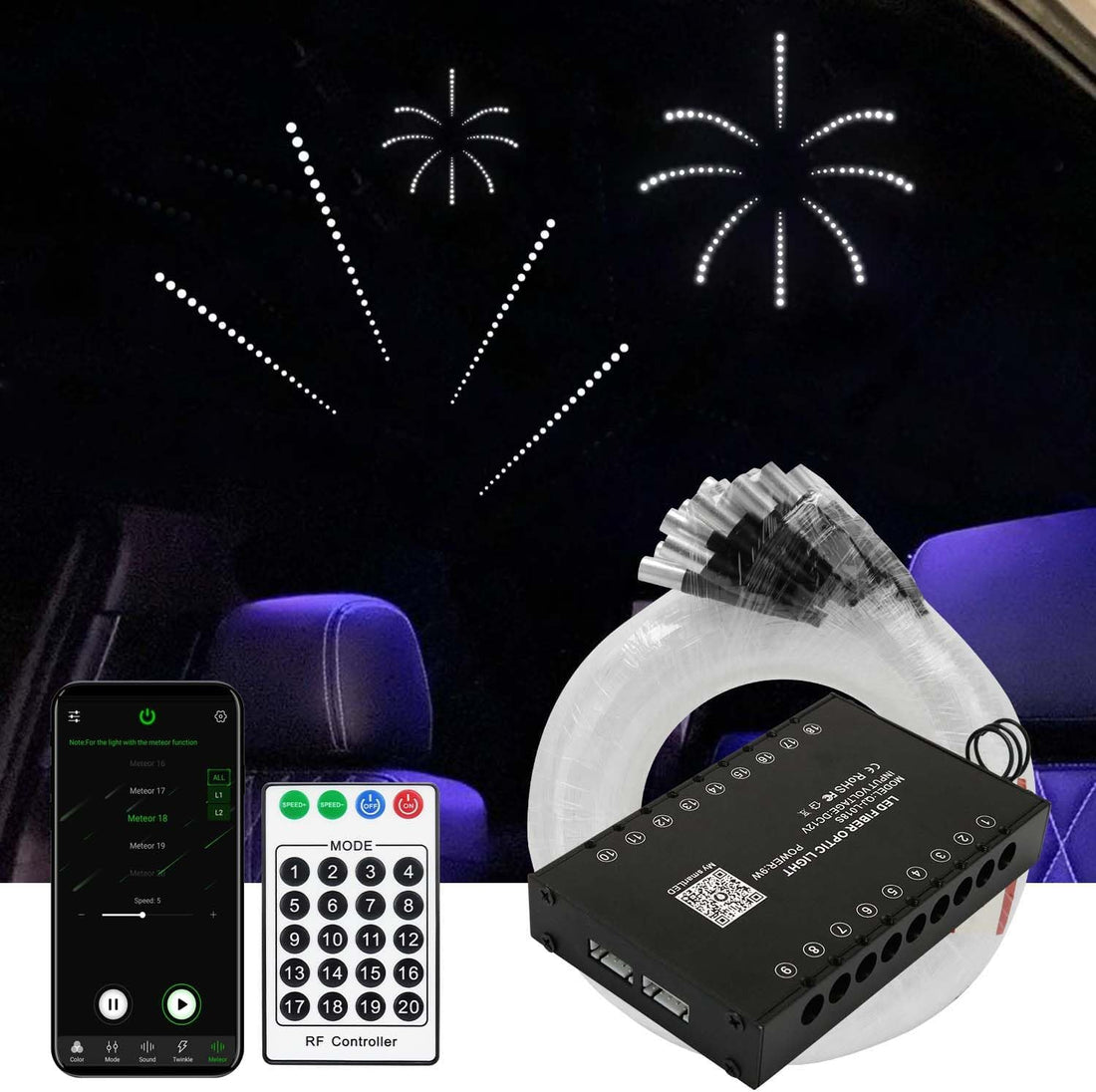 AZIMOM Pure White 18Holes Shooting Star Meteor Shower Lighting Effect Kits 144pcs*0.04in*13.1ft Optical Fibers, APP&Remote Control 9W Meteor Machine 20Modes Shooting Star Ceiling Effect